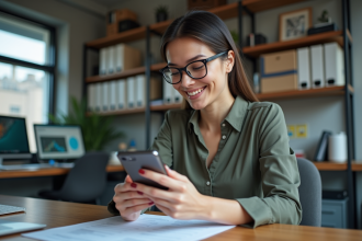 Femme professionnelle utilisant un smartphone dans un bureau moderne