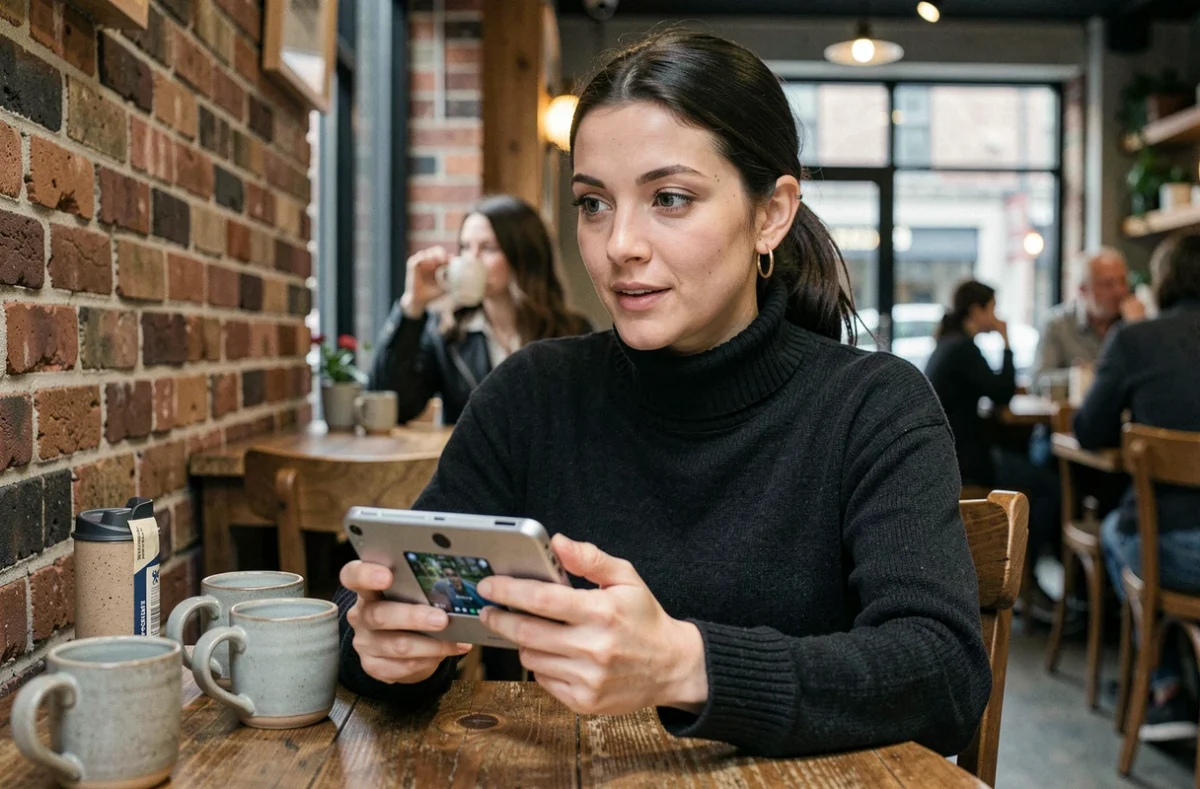 Une femme dans un café tenant une console portable nouvelle génération inspirée de la PS Vita, dans une atmosphère urbaine décontractée