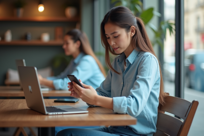 Femme assise au café examinant son smartphone