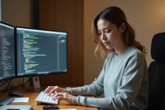 Femme examinant son clavier AZERTY avec deux logiciels affichant des symboles différents sur deux écrans