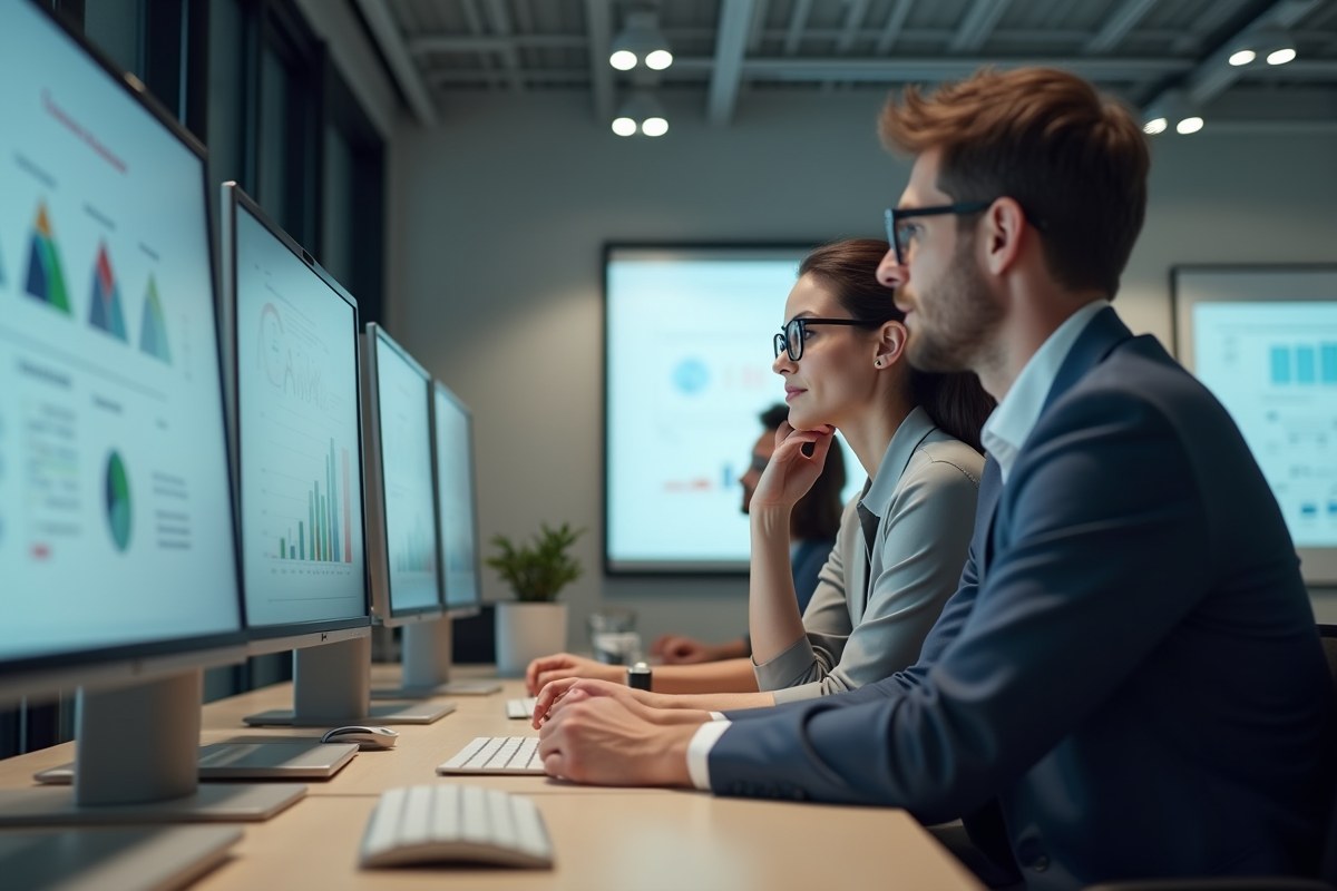 Femme concentrée collaborant avec un collègue au bureau