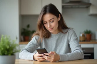 Femme consultant son compte portail Orange sur un smartphone Android dans une cuisine moderne