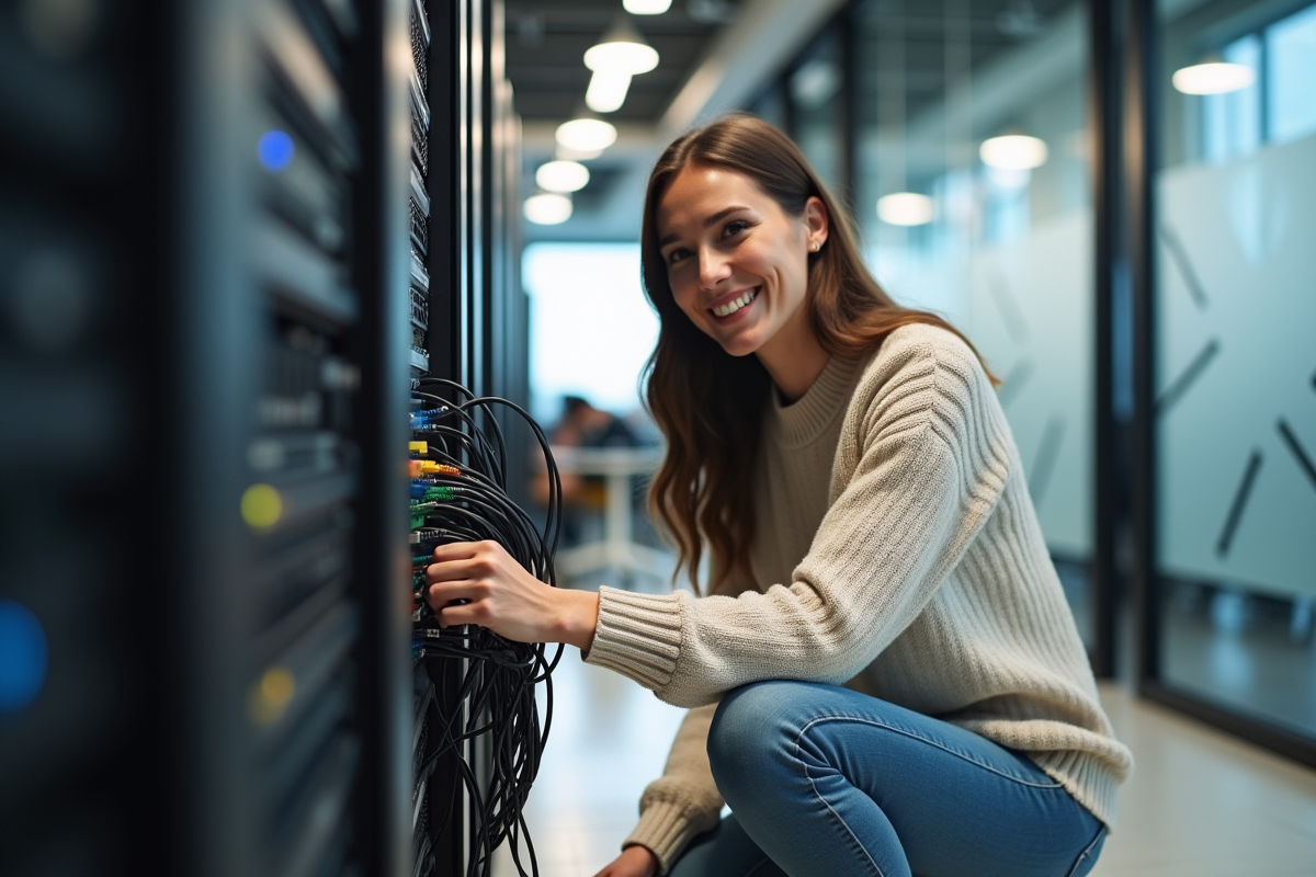 Femme connecte des câbles réseau dans un espace de coworking moderne