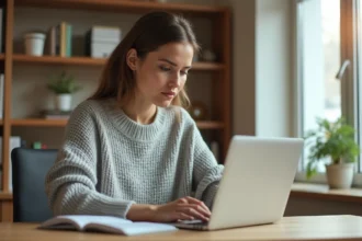 Femme consultant son compte MyPrimobox sur un ordinateur portable dans un bureau à domicile moderne