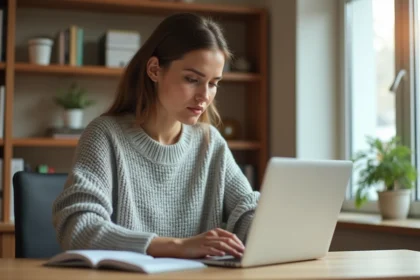 Femme consultant son compte MyPrimobox sur un ordinateur portable dans un bureau à domicile moderne