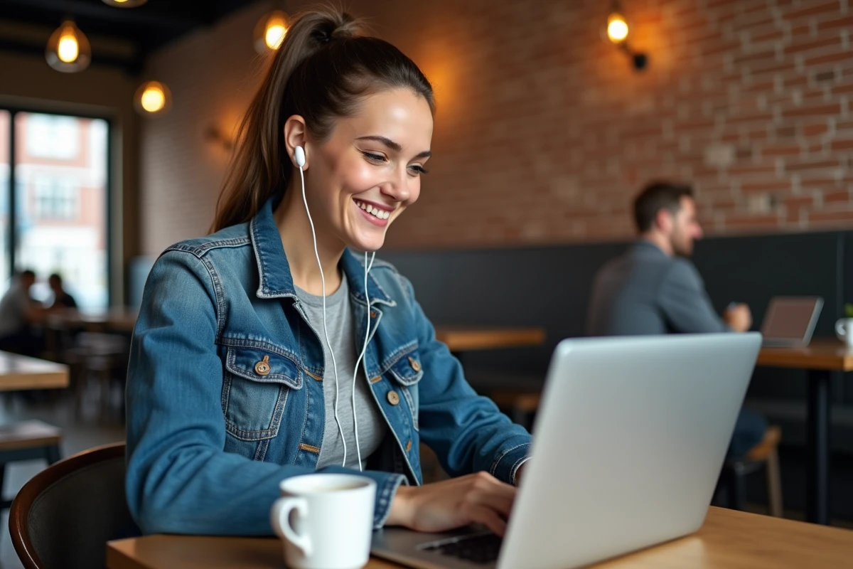 Femme convertissant une vidéo YouTube en MP3 sur son ordinateur portable dans un café moderne
