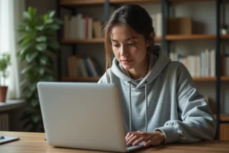Jeune femme utilisant un convertisseur YouTube MP3 en ligne sur son ordinateur portable depuis son bureau à domicile