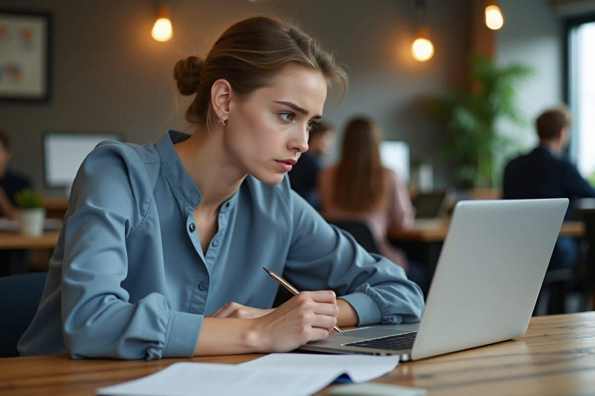 Jeune femme perplexe prenant des notes en coworking