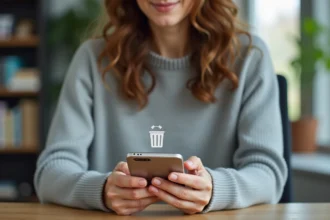 Femme tenant un smartphone Samsung affichant l'interface de la corbeille pour libérer de l'espace de stockage
