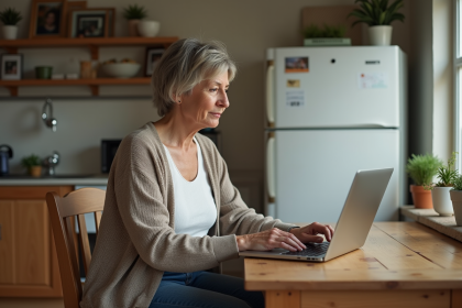 Femme d'âge moyen utilisant un ordinateur portable dans la cuisine