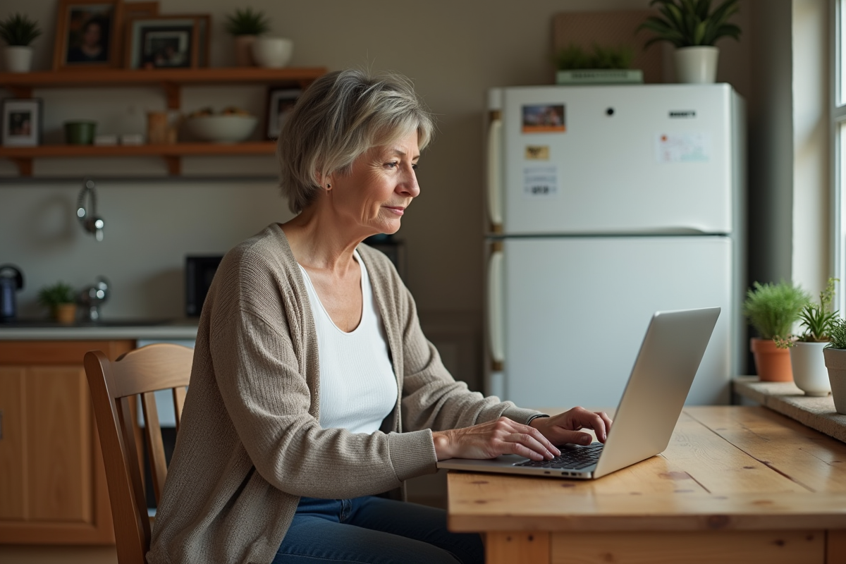 Femme d'âge moyen utilisant un ordinateur portable dans la cuisine