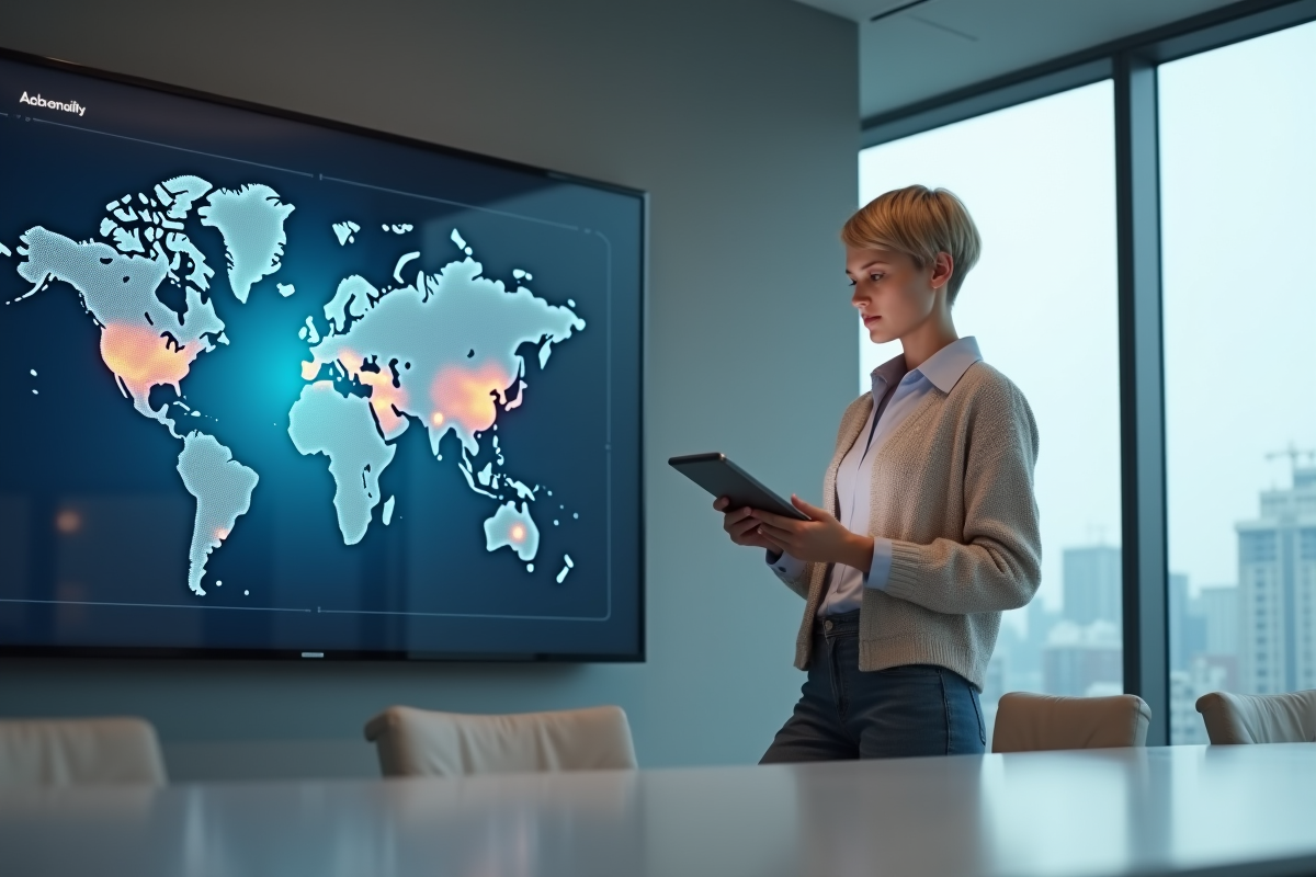 Jeune femme regardant une carte digitale sur une tablette en conference