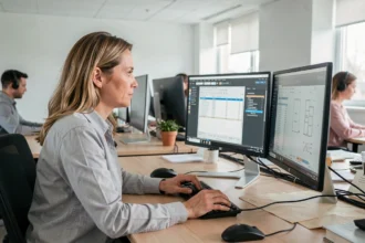 Femme en bureau moderne travaillant sur un double écran PC affichant tableur et logiciel de design