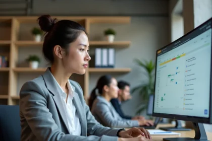 Femme professionnelle analysant un tableau de bord de gestion de projets sur un écran ultrawide dans un bureau moderne