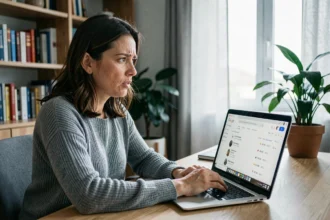 Femme inquiète consultant son historique d'activité Google sur un ordinateur portable dans un bureau à domicile