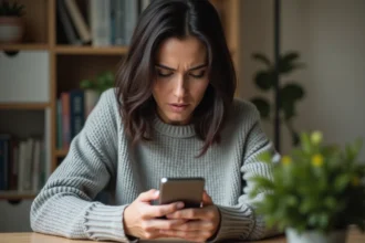 Femme consultant son historique d'activité Google sur smartphone à son bureau à domicile