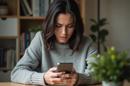 Femme consultant son historique d'activité Google sur smartphone à son bureau à domicile