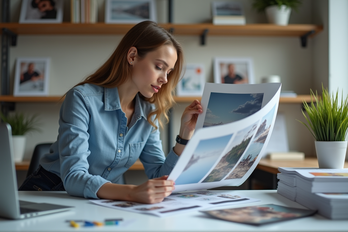Femme examinant une affiche imprimée dans un atelier moderne