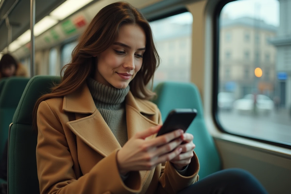 Jeune femme dans le métro programmant l'envoi d'un message WhatsApp sur son téléphone