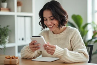 Femme tenant une mini imprimante portable comme cadeau high-tech dans un bureau à domicile de style scandinave