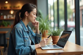 Femme explorant Instagram Stories sur son ordinateur dans un café