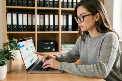 Femme organisant ses archives numériques avec une application de fichiers zip sur un ordinateur portable dans un bureau à domicile