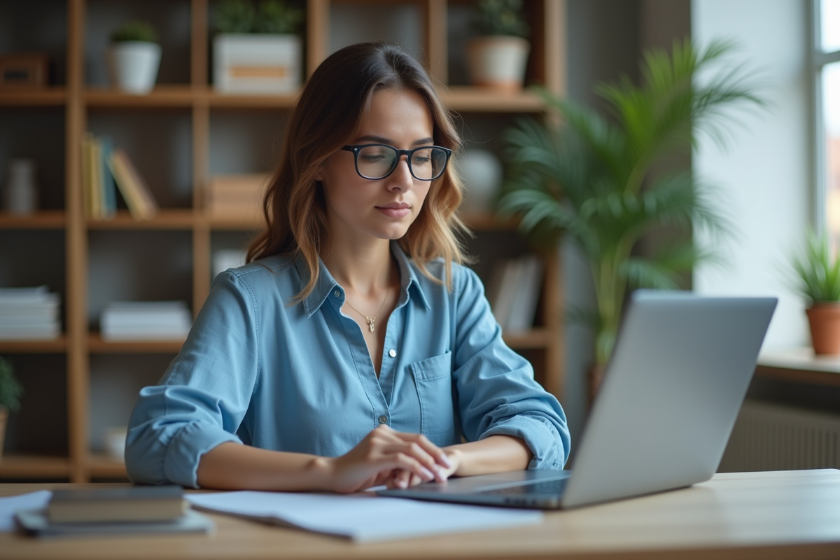 Femme concentrée sur son ordinateur pour personnaliser son portail en ligne