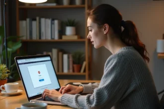 Femme en télétravail résolvant un problème de connexion à son webmail sur un ordinateur portable dans un bureau à domicile
