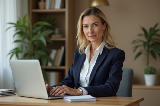 Femme professionnelle en bureau moderne et sécurisé