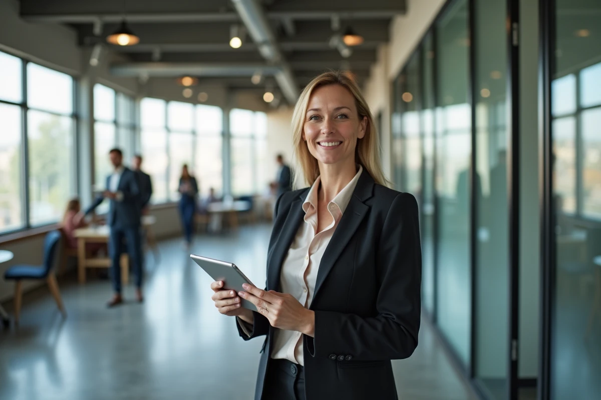 Femme professionnelle avec tablette dans un espace de coworking moderne