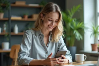 Femme programmant un message WhatsApp sur son smartphone depuis son bureau à domicile
