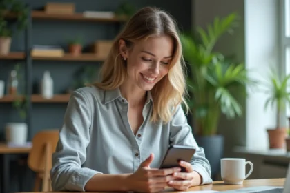 Femme programmant un message WhatsApp sur son smartphone depuis son bureau à domicile