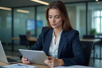 Femme professionnelle utilisant une tablette pour la sécurité numérique