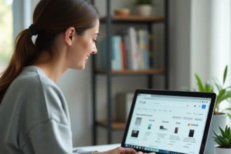 Femme qui fait du shopping en ligne sur Google aux États-Unis depuis son bureau à domicile