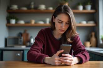 Femme examinant son smartphone dans une cuisine moderne