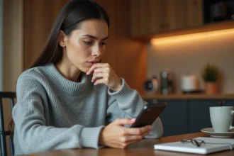 Femme hésitant à envoyer un SMS anonyme à son ex depuis son smartphone dans sa cuisine