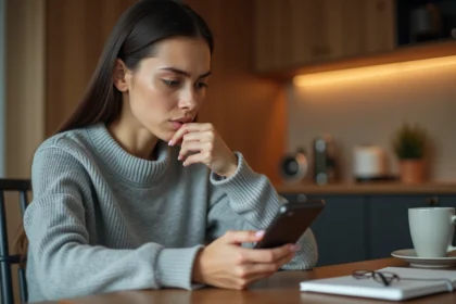 Femme hésitant à envoyer un SMS anonyme à son ex depuis son smartphone dans sa cuisine
