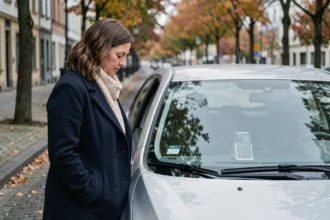 Femme utilisant une application de suivi de trajet sur smartphone à côté de sa voiture en ville