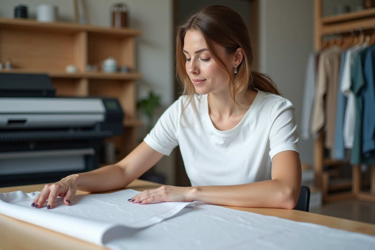 Femme en train de lisser un tee-shirt sublimé dans un studio lumineux