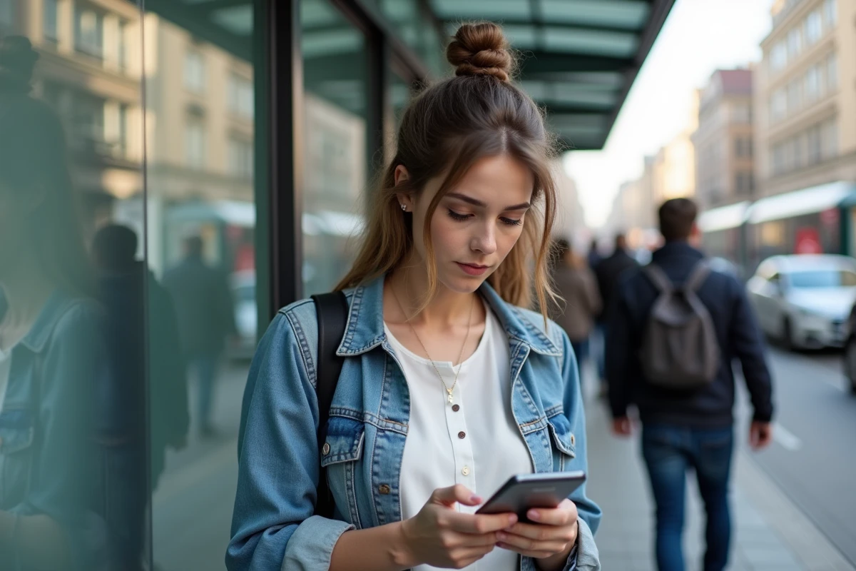 Jeune femme dans le tram avec téléphone Samsung A25