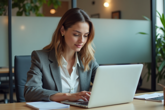 Femme en tenue professionnelle examine un projet sur son ordinateur