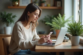 Femme assise à son bureau à la maison utilisant ordinateur et smartphone