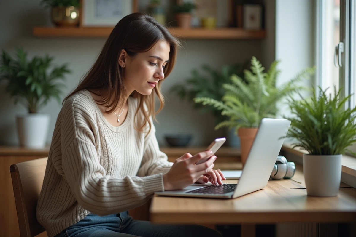 Femme assise à son bureau à la maison utilisant ordinateur et smartphone