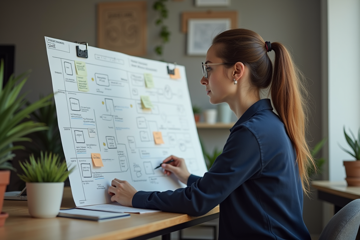 Jeune femme analysant un tableau de cartographie UX dans un espace créatif