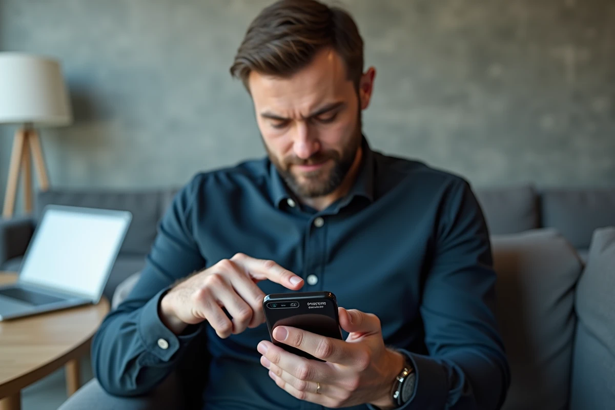 Homme sur canapé utilisant l'option de formatage de texte sur WhatsApp iPhone dans un salon moderne