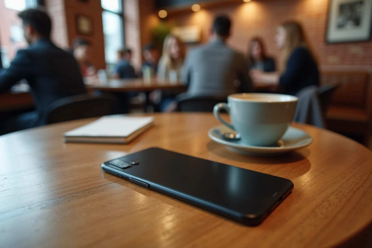 Google Pixel 6 posé sur une table de café avec une tasse et un carnet, ambiance urbaine