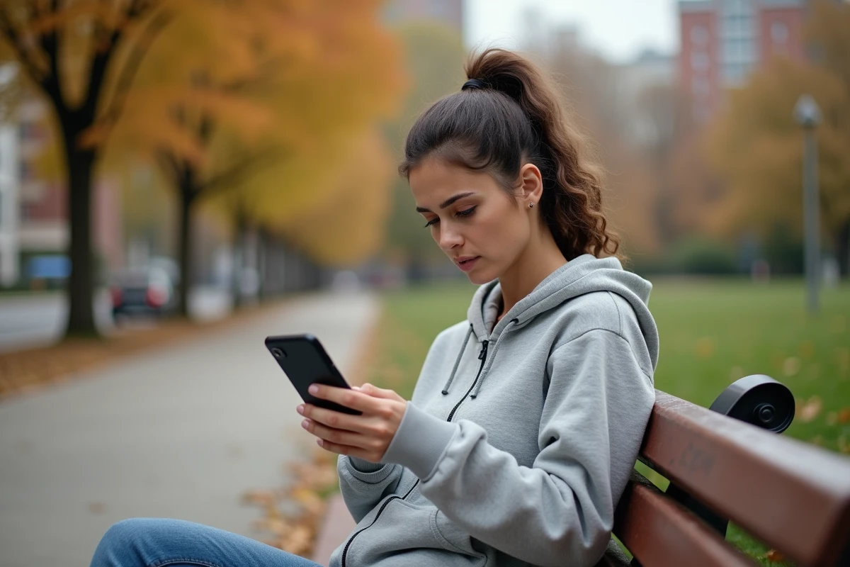 Femme assise dans un parc en automne regardant son Google Pixel 6 avec une expression pensive