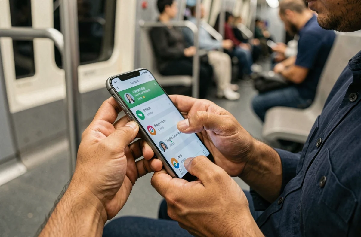 Homme utilisant l'application Google Traduction sur smartphone dans le métro