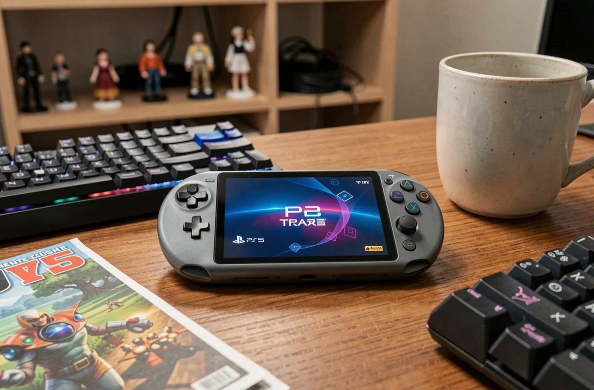 Gros plan d'une console portable PS Handheld posée sur un bureau avec accessoires gaming, évoquant le successeur idéal de la PS Vita