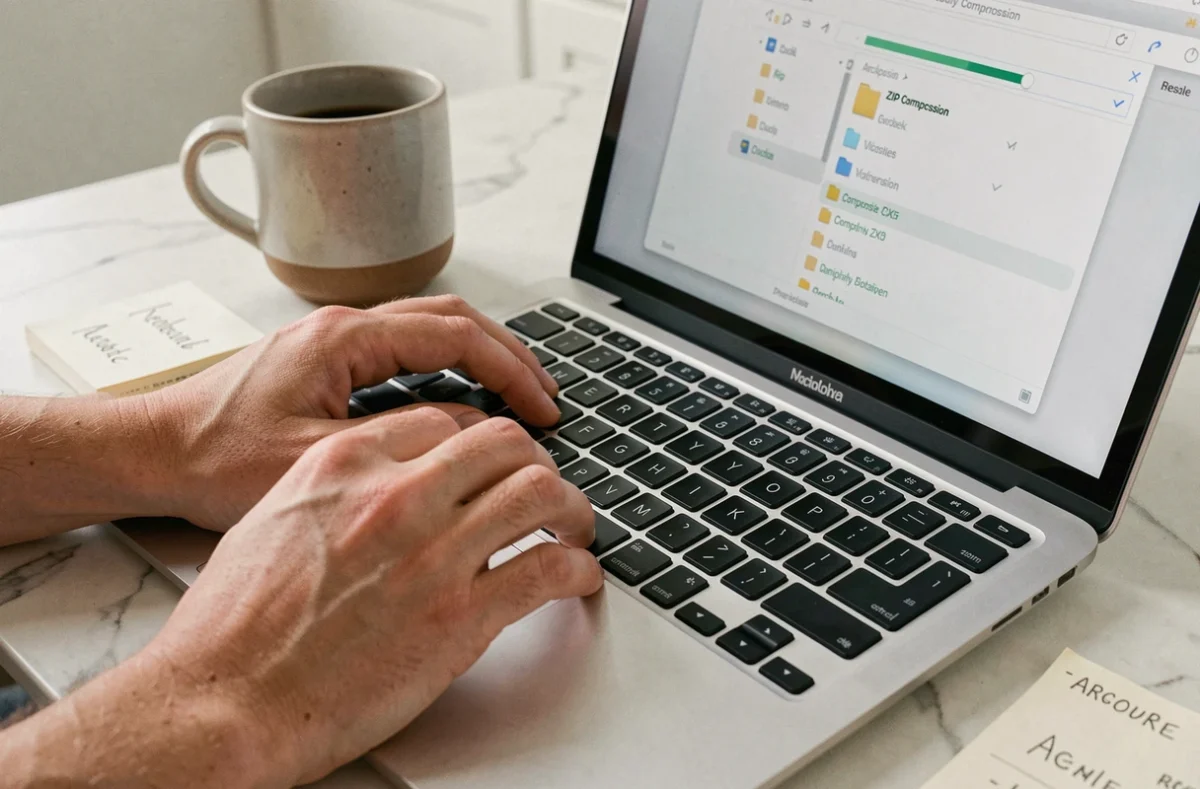 Gros plan de mains utilisant un ordinateur portable pour compresser et archiver des fichiers personnels avec une application zip